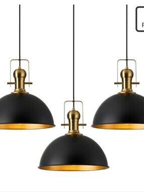 Matte Black and Gold Dome Pendant Light Trio
